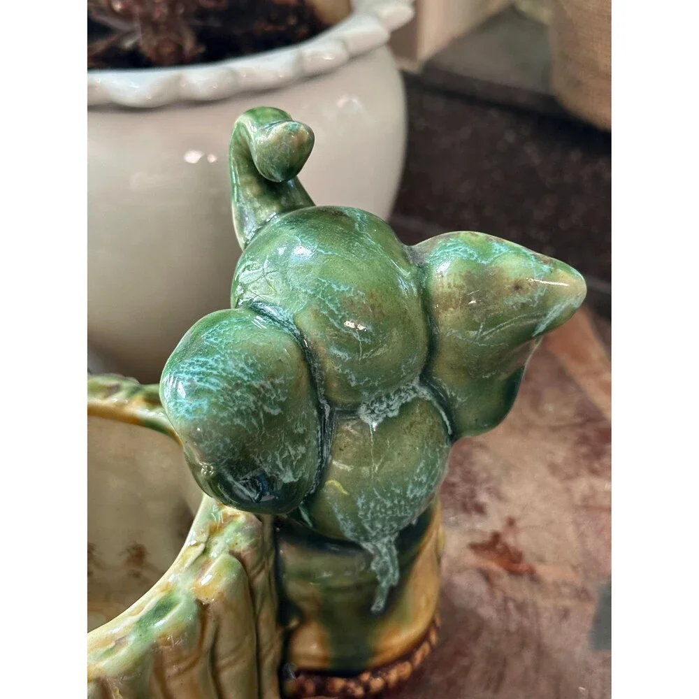 Vintage Ceramic Elephant Planter | Green Glazed Elephant & Bamboo Pot | Boho Jun